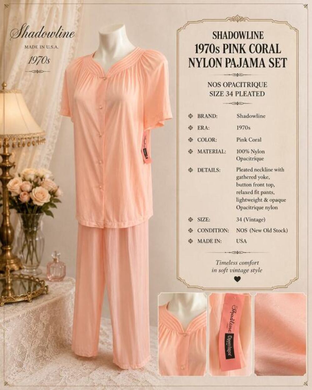 Shadowline 1970s Pink Coral Nylon Pajama Set NOS Opacitrique Size 34 Pleated